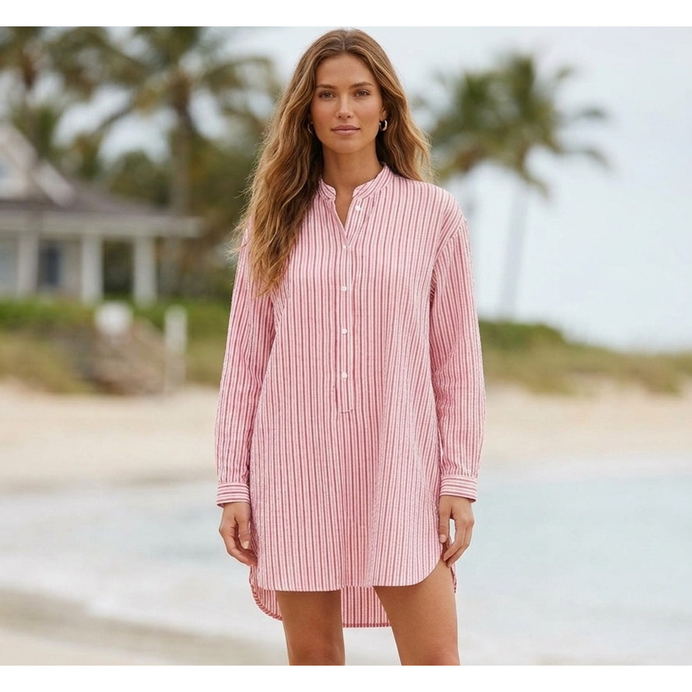 Tuckernuck Bodie Mini Shirt Dress Medium Seersucker Pink Stripe Resort Vacation - Picture 14 of 14